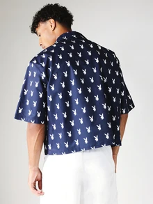 PLAYBOY X SUMWON Bunny AOP Boxy Fit Short Sleeve Button-Up Shirt Collared Summer Holiday Navy - Royal Blue - View 2