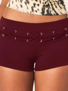 MISSGUIDED Eyelet Lace-Up Booty Shorts Mini Hot Pants Festival Night Out Party Summer - Burgundy - View 5