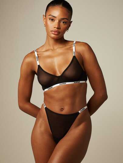 Missguided x Playboy Logo Mesh Triangle Bralette And Thong Panty Set Sheer Lingerie Valentine's Day