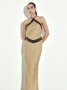 KSTM Halter Neck Satin Maxi Dress With Contrast Trim Detail Open Back Elegant Evening Formal Gown - Khaki - View 4