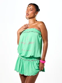 BABYPHAT Gaun Mini Jersey Model Bandeau dengan Detail Kerutan dan Trim Pink Kontras - Hijau - View 6