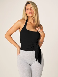 MISSGUIDED Áo croptop cổ yếm buộc dây phía trước, hở lưng, cổ vuông, thích hợp cho mùa hè. - màu đen - Xem 1