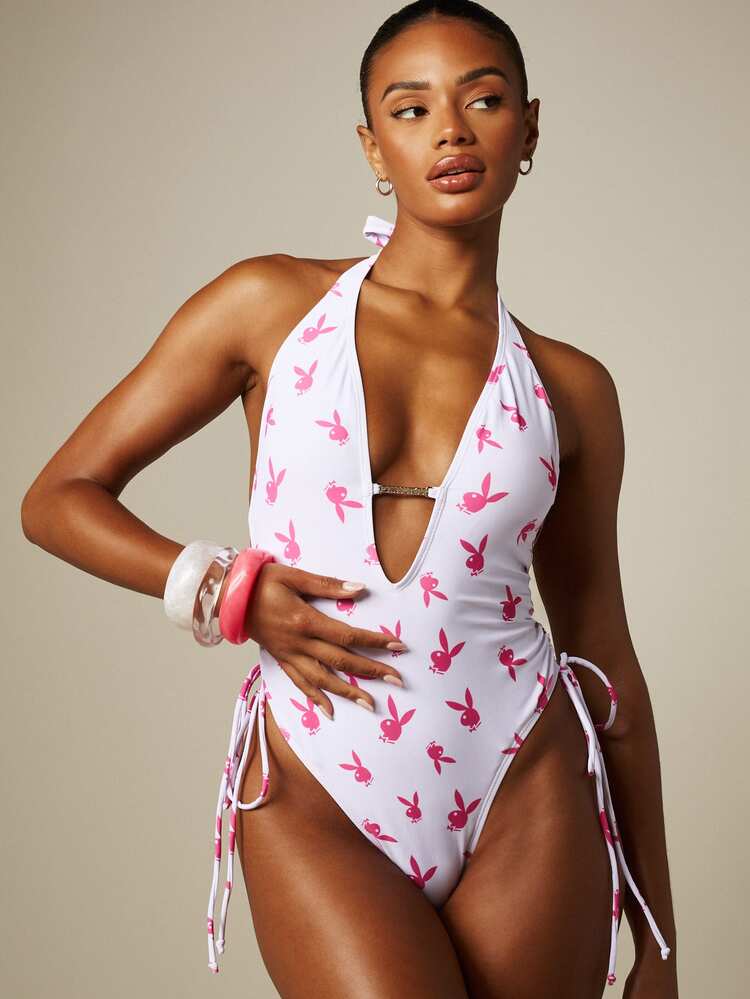 Missguided x Playboy 兔子标志装饰挂脖式连体泳衣，深V领，侧边褶皱设计 - 彩色 - 查看 5