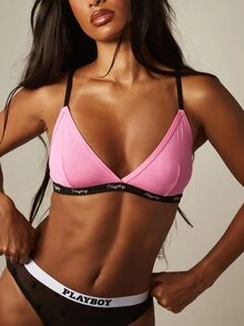 Missguided x Playboy Triangle Bralette With Contrast Logo Elastic Band And Adjustable Straps Intimate Everyday Wear - Pink - View 4