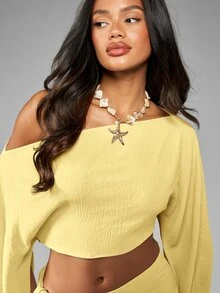 MISSGUIDED One Shoulder Crop Top And Ruched Mini Skirt Co-Ord Set With Flared Sleeves For Beach And Vacation - Yellow - View 5