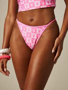 Missguided x Playboy Bộ bikini cổ yếm họa tiết caro hình thỏ với quần lọt khe cạp cao, thích hợp cho mùa hè đi biển. - Hồng - Xem 2