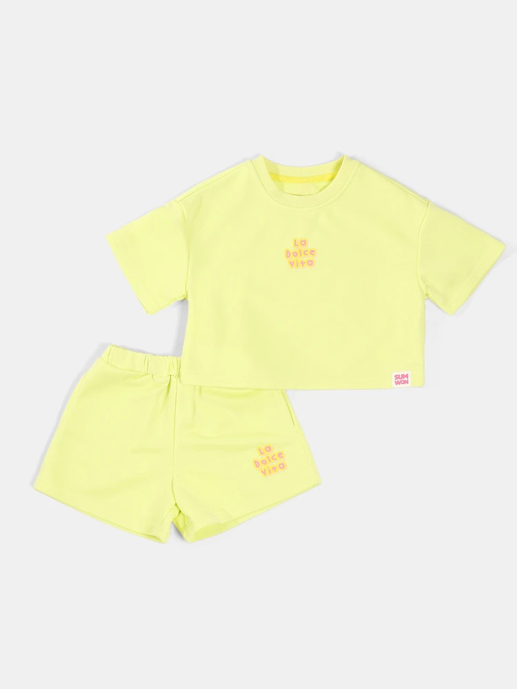 Girls Crop Top And Shorts Co-Ord Set With La Dolce Vita Graphic Print And Stamp Back Design Summer