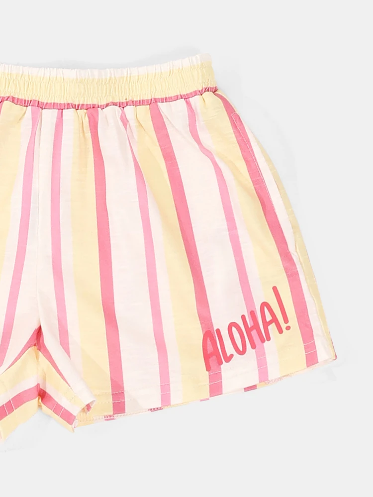 Conjunto Coordenado Aloha Listrado para Meninas, Camiseta Cropped e Shorts com Estampa Floral Havaiana, Conjunto de Verão de Duas Peças para Férias
