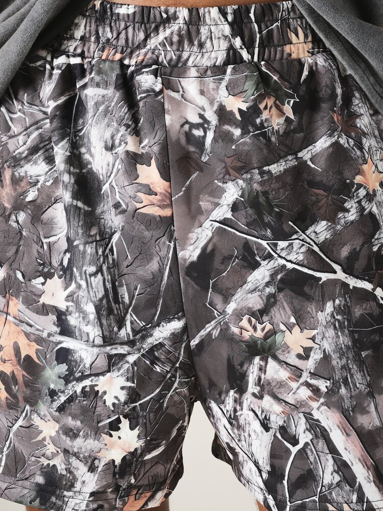 Pantalones cortos casuales de verano con estampado de camuflaje de corteza de árbol, cintura elástica y bolsillos laterales, estilo para exteriores