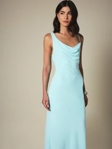 KSTM Cowl Neck One Shoulder Maxi Dress Sleeveless Bodycon Slip Formal Evening Gown Wedding Guest Summer - Blue - View 3