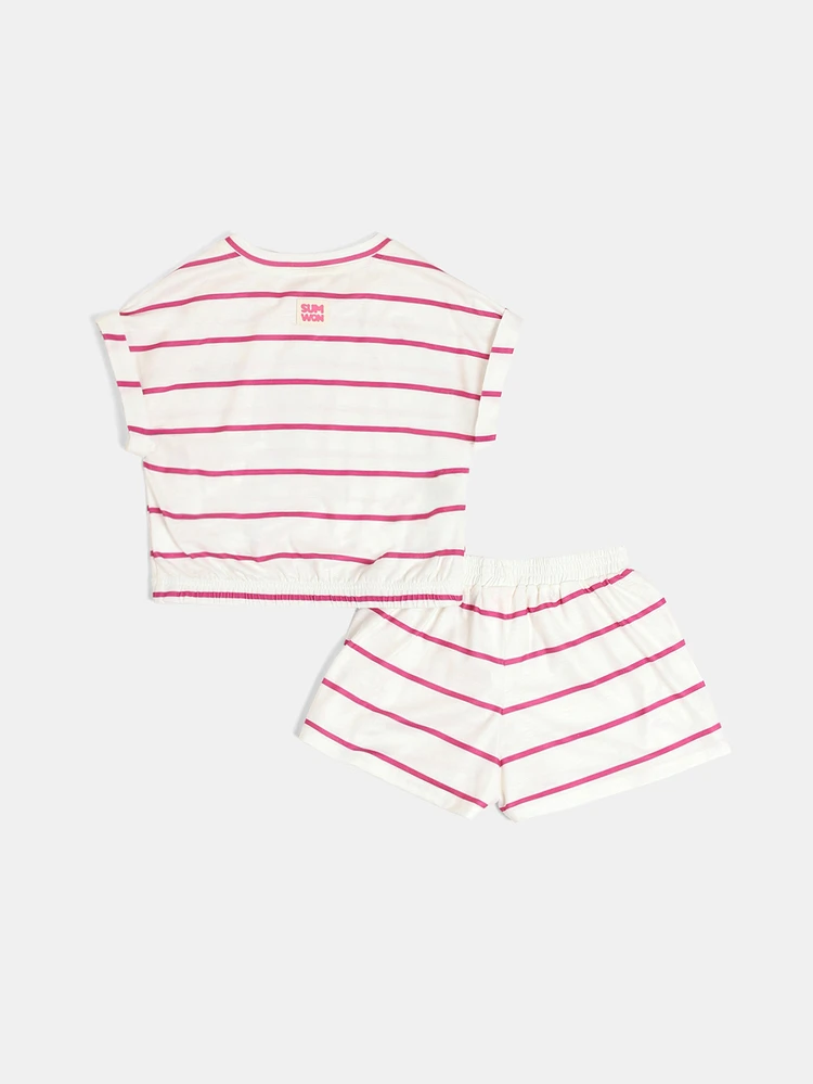 Conjunto de Cropped e Shorts Listrados para Meninas com Cintura Elástica, Conjunto de Verão de Duas Peças