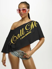 SUMWON WOMEN Cropped Off-Shoulder Graphic Tee With Bold Script Print And Short Sleeve Festival Style Top - Black - View 5