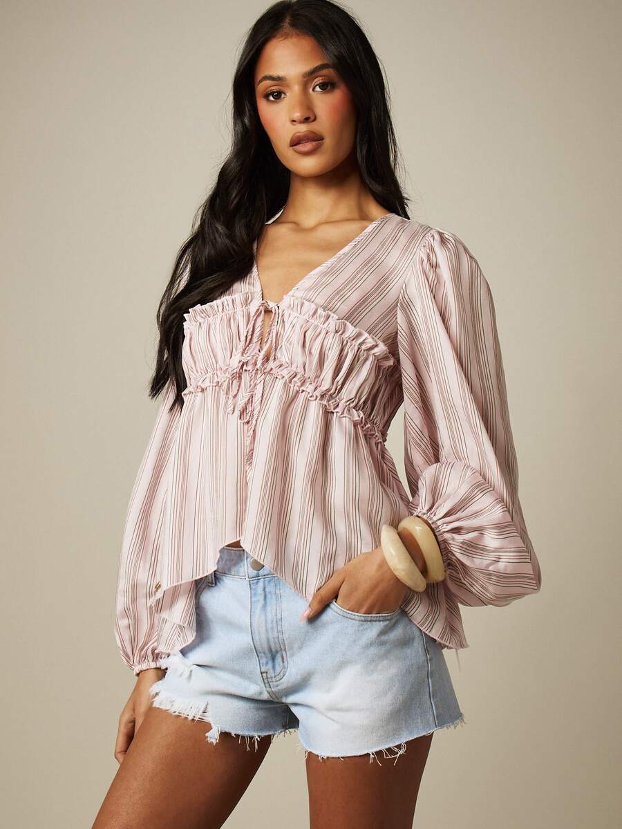 MISSGUIDED Striped Tie-Front Blouse With Ruffle Bust Overlay Puff Sleeves V-Neck Boho Chic Spring Summer Top - Pink - View 1