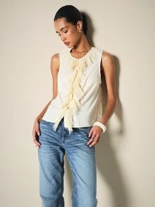 KSTM Elegant Sleeveless Blouse With Lace Fringe Ruffle Front Detail V-Neck Lightweight Summer Party Top - Yellow - View 1
