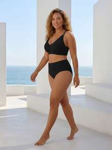 ELLERISSA Plus Size Black High Waist Cross Strap Back Bikini Set - Black - View 4