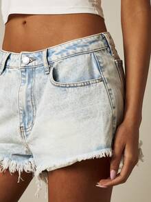 MISSGUIDED Raw Hem Denim Mini Shorts Acid Wash Fringe Cut-Off Summer Festival Jean Shorts Low Rise Five Pocket - Light Wash - View 5