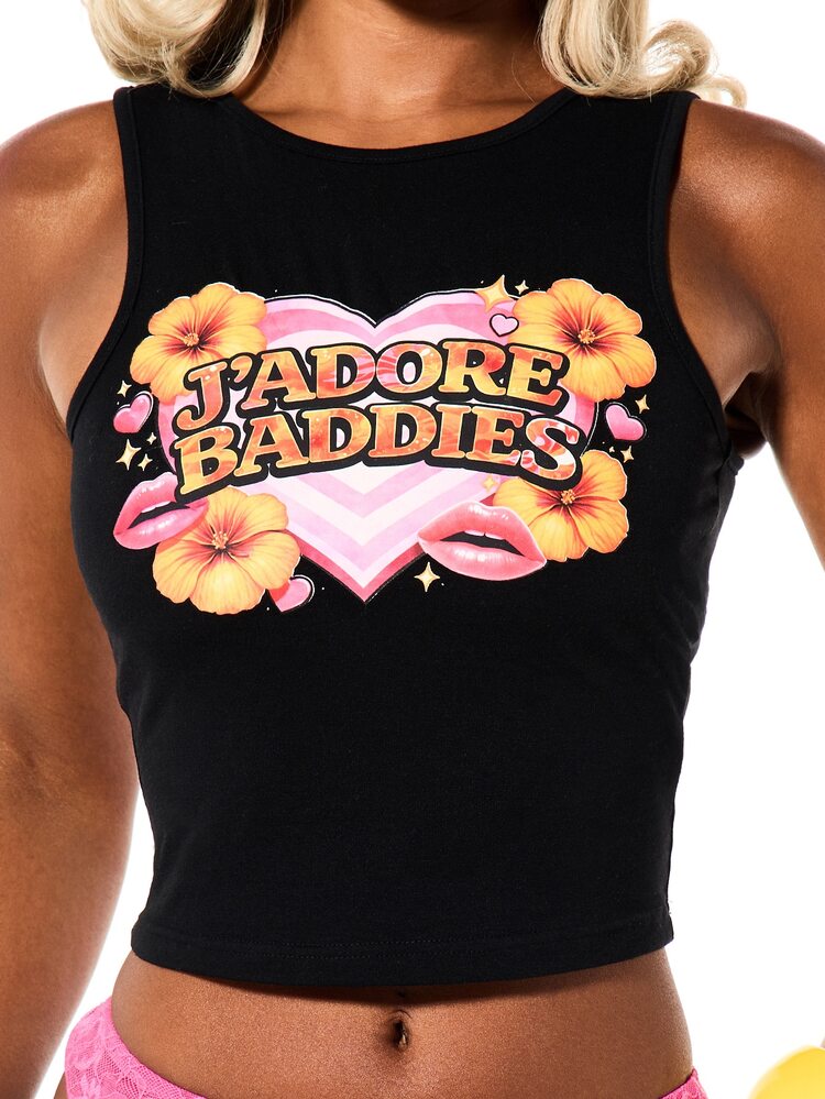 SUMWON WOMEN Baddies Hibiscus Floral Graphic Crop Tank Top With Heart Print Chest Design Summer Party Style
