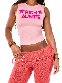 SUMWON WOMEN Rich Auntie Star Graphic Crop Tank Top, Sleeveless Crew Neck, Fitted Summer Festival Statement Tee - Pink - View 4