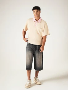 SUMWON Oversized Waffle Knit Polo Shirt With Contrast Pink Collar Chest Pocket And Short Sleeves Summer Casual Top - Khaki - View 3
