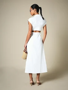 KSTM Cut-Out Back Shirt Maxi Dress With Collared Neckline Cap Sleeves Button Front Closure Summer Midi Length - White - View 2