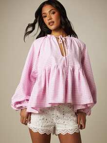 MISSGUIDED 格纹荷叶边系领泡泡袖长袖飘逸多层春夏上衣 - 粉色 - 查看 1