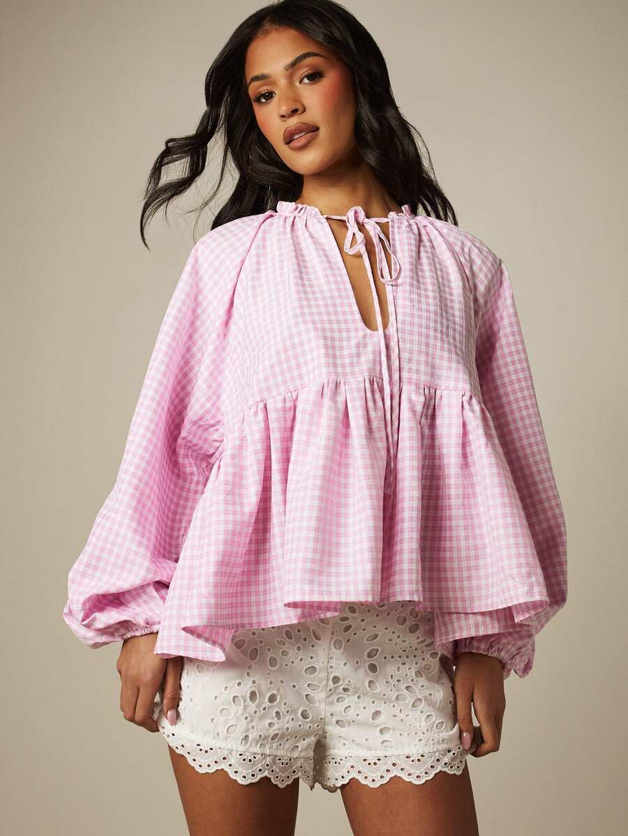 MISSGUIDED 格纹荷叶边系领泡泡袖长袖飘逸多层春夏上衣 - 粉色 - 查看 1