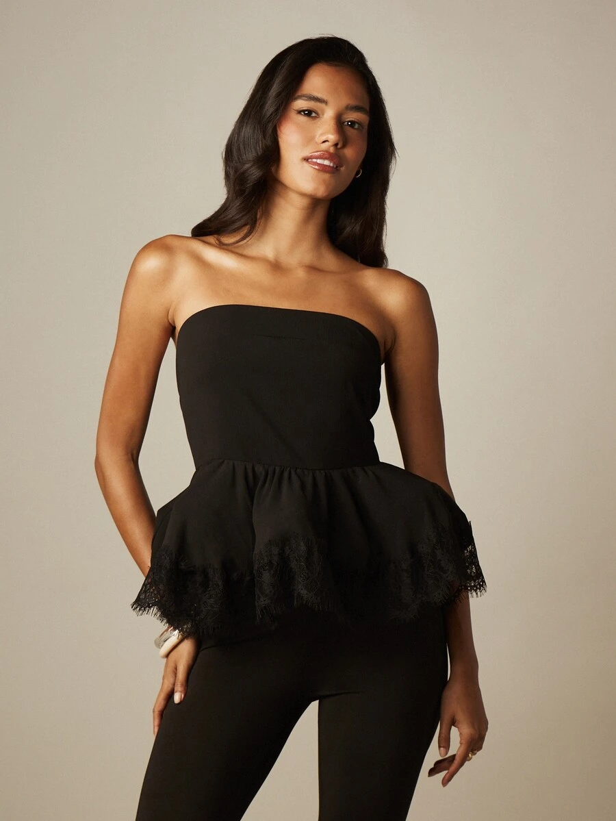 MISSGUIDED Strapless Bandeau Babydoll Top With Lace Trim Peplum Hem Party Night Out Style - Black - View 1
