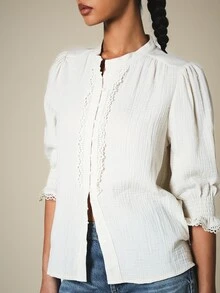 KSTM Boho Chic Gauze Blouse With Lace Trim Puff Sleeves Band Collar Button Front Spring Summer Top - Apricot - View 5