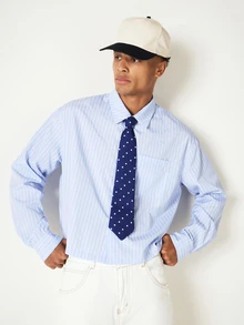 SUMWON Crop Fit Pinstripe Long Sleeve Dress Shirt With Classic Collar And Chest Pocket Spring Summer - Blue - View 6