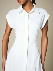 KSTM Cut-Out Back Shirt Maxi Dress With Collared Neckline Cap Sleeves Button Front Closure Summer Midi Length - White - View 6