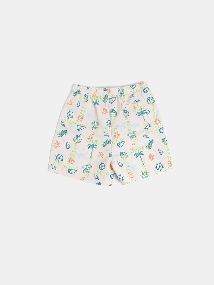 Tween Boys Swim Shorts With All Over Tropical Summer Print Elastic Drawstring Waist Beach Vacation Swimwear Age 10