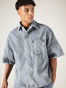 SUMWON Oversized Short Sleeve Denim Shirt With Decorative Seam Detail And Chest Pocket For Summer - Blue - View 4