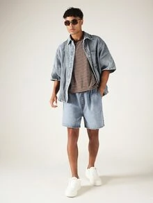 SUMWON Pull-On Denim Shorts With Elastic Waist Relaxed Fit Washed Jean Shorts For Summer Casual Wear - Light Wash - View 7