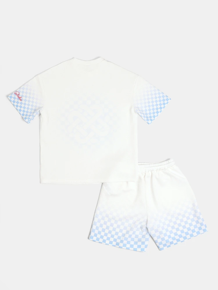 Tween Boys Checkerboard Graphic T-Shirt And Shorts Co-Ord Set With Crew Neck Short Sleeves Summer Casual Two-Piece Outfit