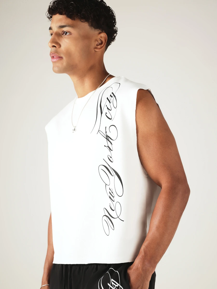 SUMWON Crop Sleeveless Tank Top With Vertical New York City Calligraphy Script Print Front And Back - White - View 1