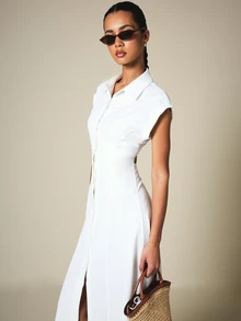 KSTM Cut-Out Back Shirt Maxi Dress With Collared Neckline Cap Sleeves Button Front Closure Summer Midi Length - White - View 4