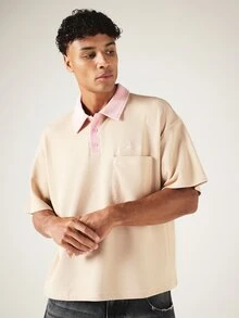 SUMWON Oversized Waffle Knit Polo Shirt With Contrast Pink Collar Chest Pocket And Short Sleeves Summer Casual Top - Khaki - View 4