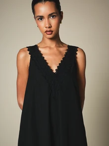 KSTM Sleeveless Maxi Dress With Deep V-Neck Lace Trim And Eyelet Hem Detail For Summer Evenings - Black - View 3
