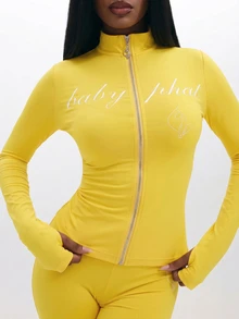 BABYPHAT 大码长袖拉链上衣，饰有品牌标志印花和高领 - 鵝黃色 - 查看 5