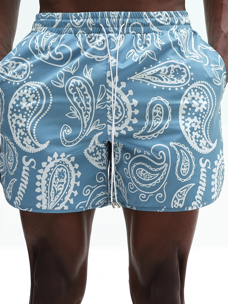 Pantaloncini da bagno con stampa paisley, orlo curvo, vita elastica e laccio, per vacanze al mare estive
