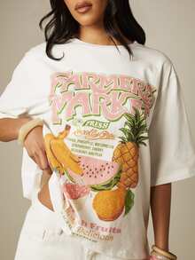 MISSGUIDED Bauernmarkt Grafik-Muster oversized, rechteckige Crew-Neck Kurzarm Casual Sommer T-Shirt - Weiss - Übersicht 2