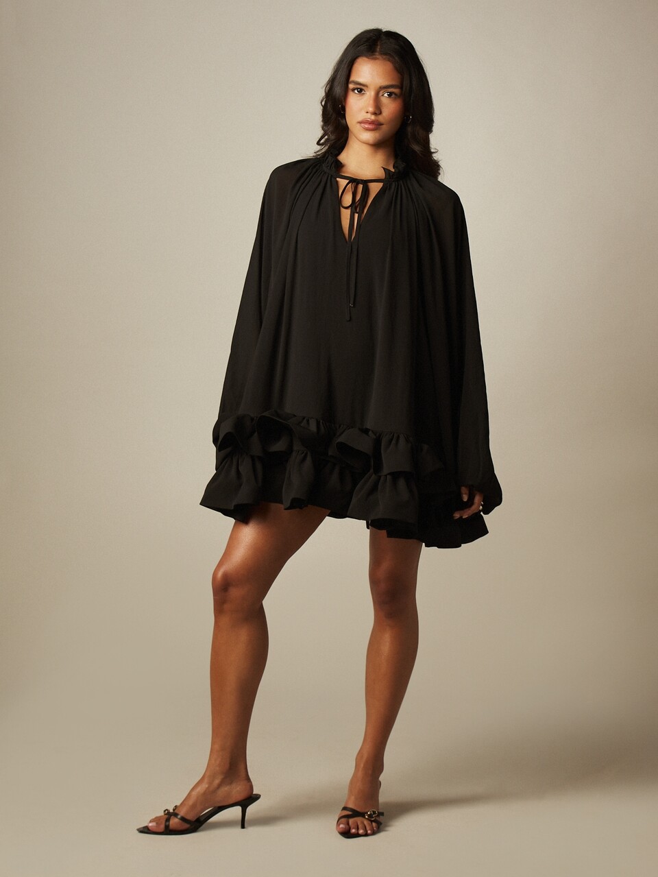 MISSGUIDED Chiffon Frill Hem Mini Dress With Tie Neck Long Balloon Sleeves Ruffle Detail Party Occasion