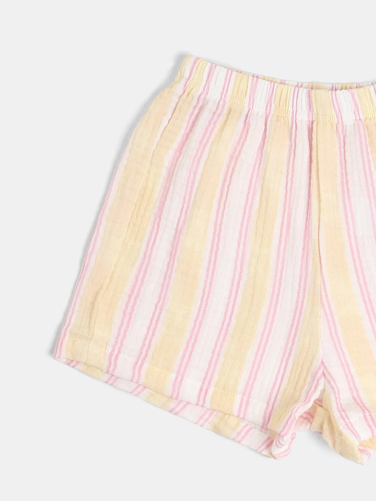 Conjunto informal de verano de dos piezas para niñas con blusa corta estampada de limones y shorts a rayas