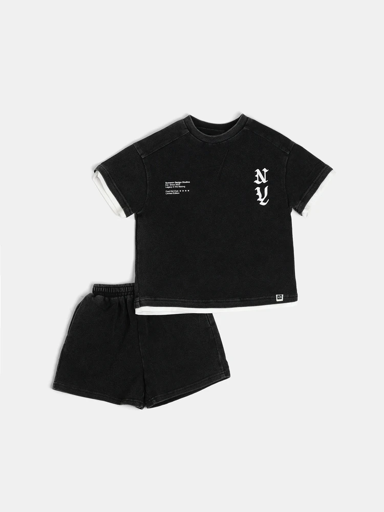 Oversized Boys Acid Washed Co-Ord Set Crewneck Tee And Shorts With Gothic NY Print Limited Edition Summer