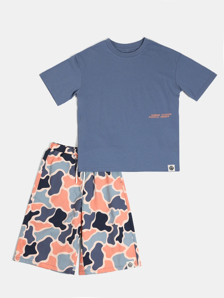 Studios Tween Boys Crew Neck Tee And Camo Print Shorts Co-Ord Set Summer Two-Piece Outfit