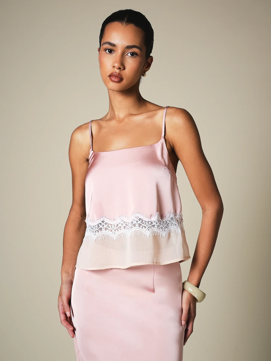 KSTM Strappy Satin Cami Top With Lace Trim Detail And Chiffon Ruffle Hem Elegant Evening Top - Multicolor - View 1