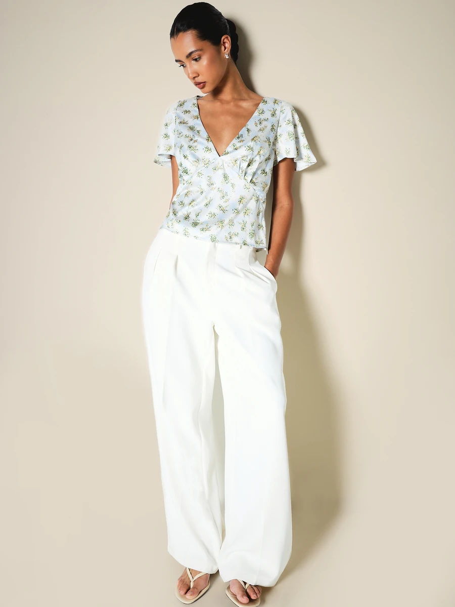 KSTM Floral Print Wrap-Style V-Neck Blouse With Flutter Short Sleeves Feminine Spring Summer Top Brunch Day Party Light Blue Floral Romantic Elegant - Multicolor - View 1