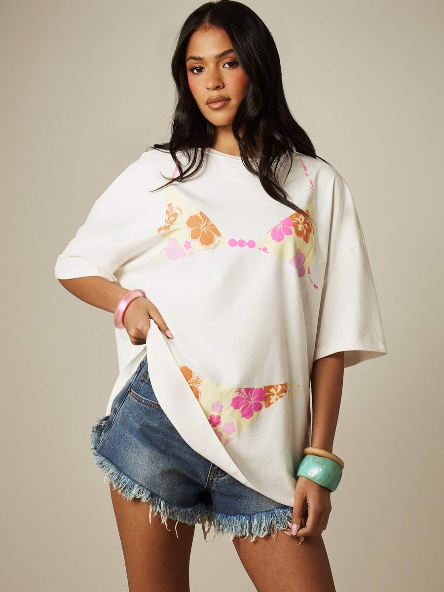 MISSGUIDED Tropical Hibiscus Floral Bikini Print Oversized Crew Neck Short Sleeve T-Shirt Summer Beach Cover Up Top - Multicolor - View 1