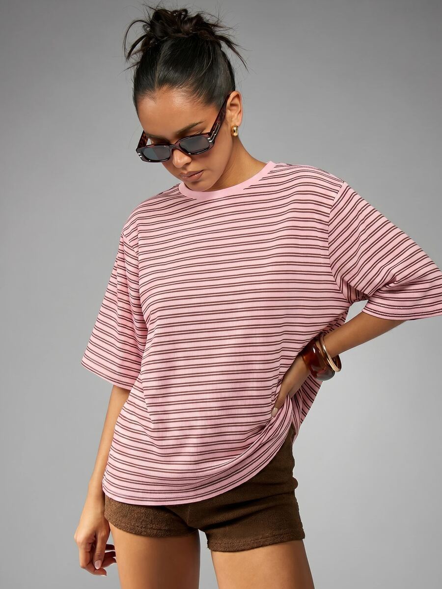 MISSGUIDED 条纹宽松圆领半袖罗纹T恤，休闲日常夏季必备单品 - 粉色 - 查看 1