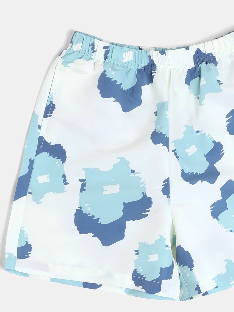 Boys Tween All Over Print Swim Trunks With Cloud Bubble Pattern Elastic Waist Summer Beach Holiday Swimwear